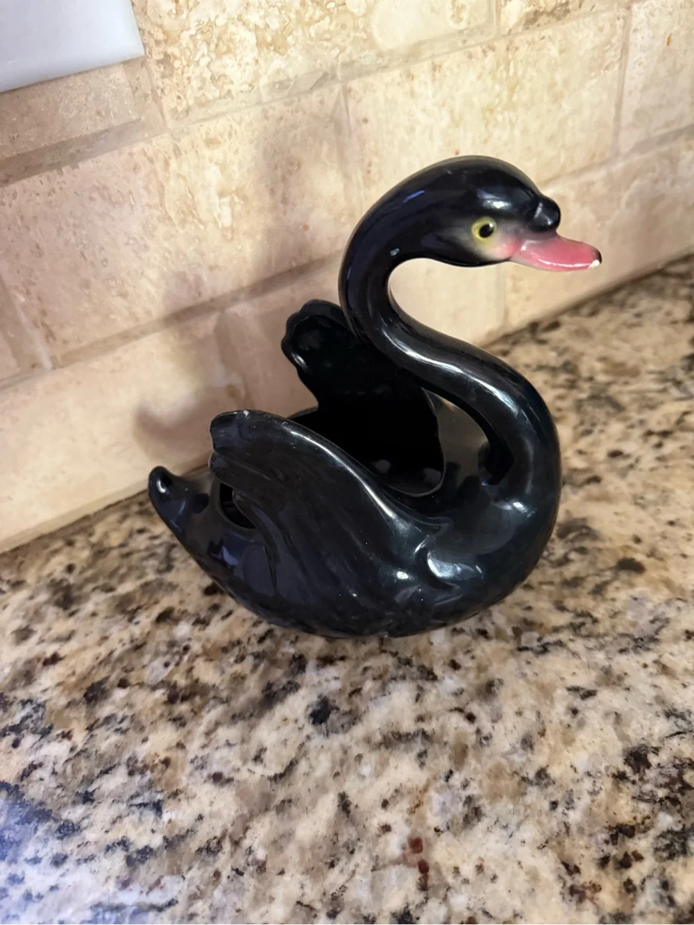 Black Ceramic Swan Figurine with Pink Beak